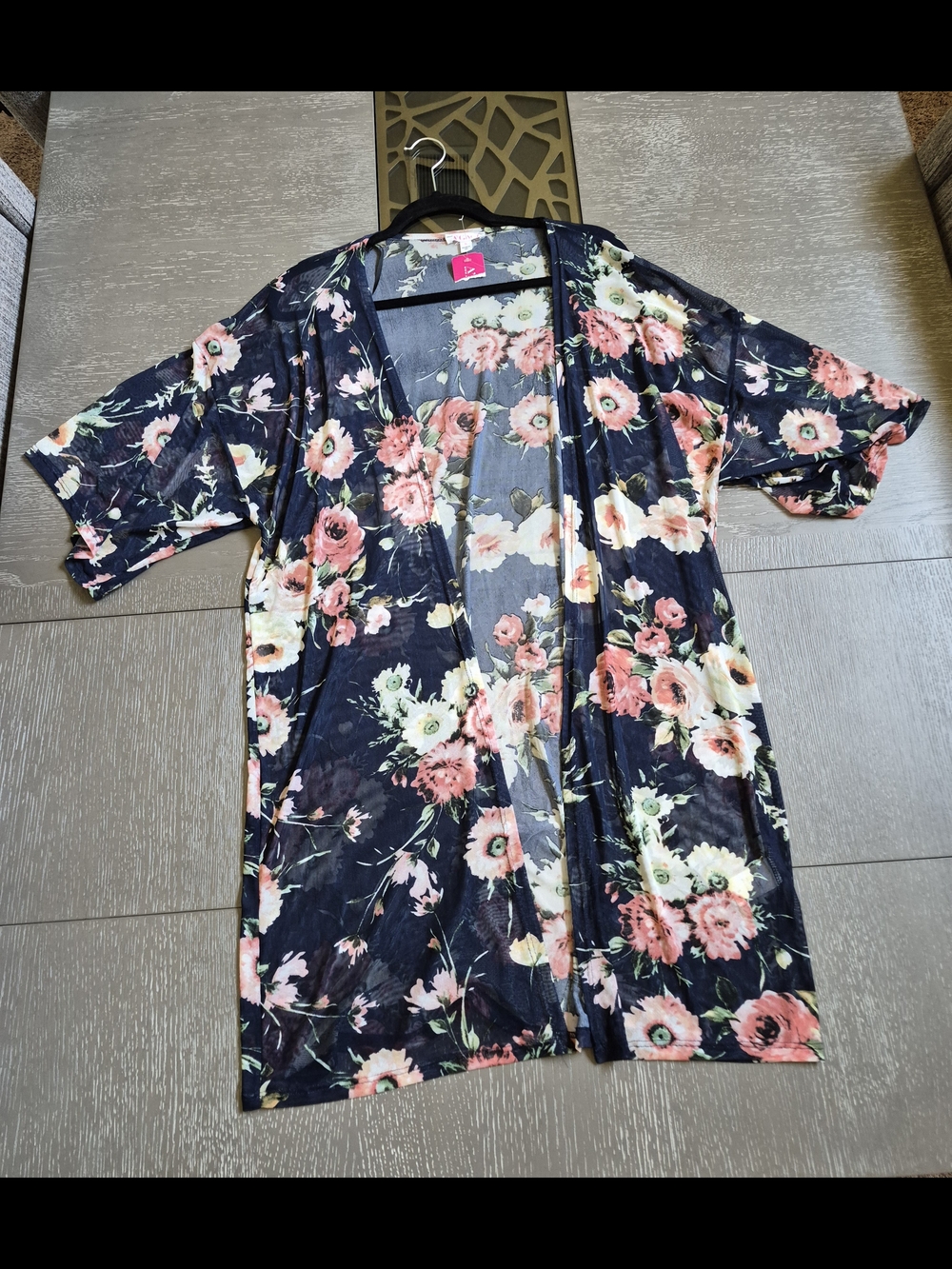 a'gaci Floral Sheer Kimono in Navy with Pink & Cream Accents